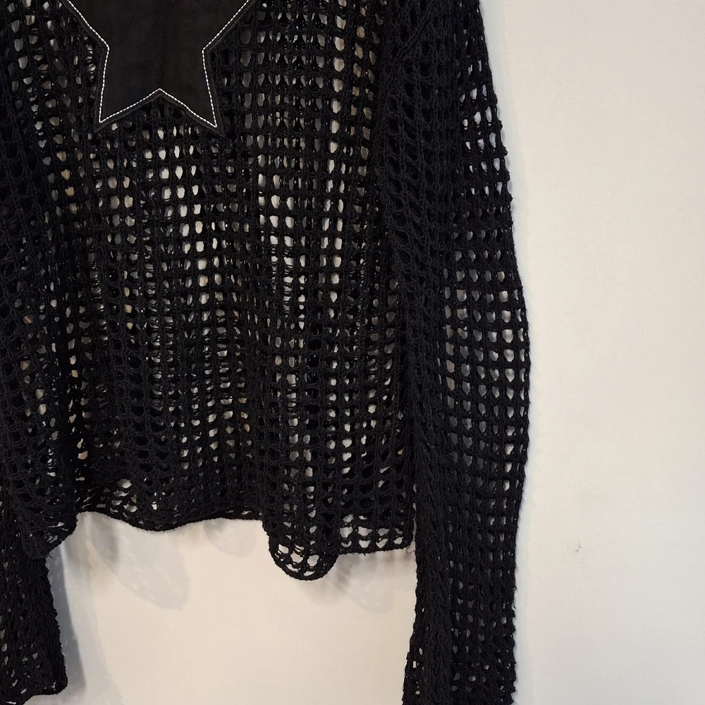 Daisy Street Black Open-Knit Sweater Crochet Top Long Sleeve Star Knit Long Soft - Picture 2 of 9